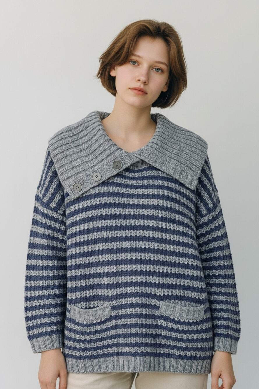 NWT M striped knit sweater pocket collard funnel neck Blue Gray Caslon Nordstrom